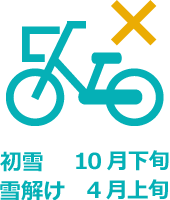 初雪は10月下旬、雪解けは4月上旬。冬の自転車は危険ですので絶対にやめましょう。