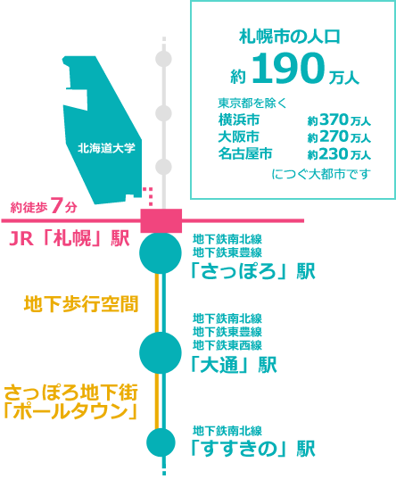 札幌市の人口 約190万人。北海道大学は、札幌駅から徒歩7分
