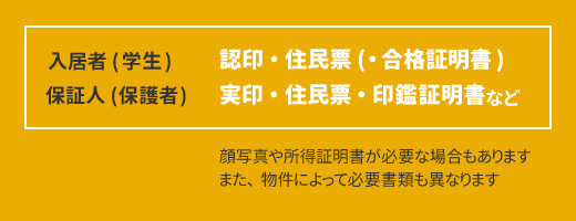 入居者(学生):認印・住民票(・合格証明書)、保証人(保護者):実印・住民票・印鑑証明書など。顔写真や所得証明書が必要な場合もあります。また、物件によって必要書類も異なります。